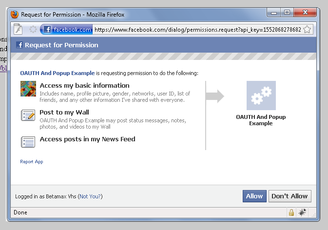facebook sign in. This methods opens a Facebook page containing the form in the same window as 